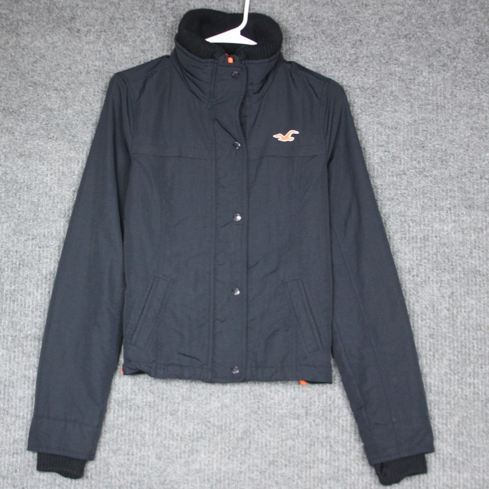 Hollister California‎ Womens Black Button Up Jacket Size S Hooded Collared